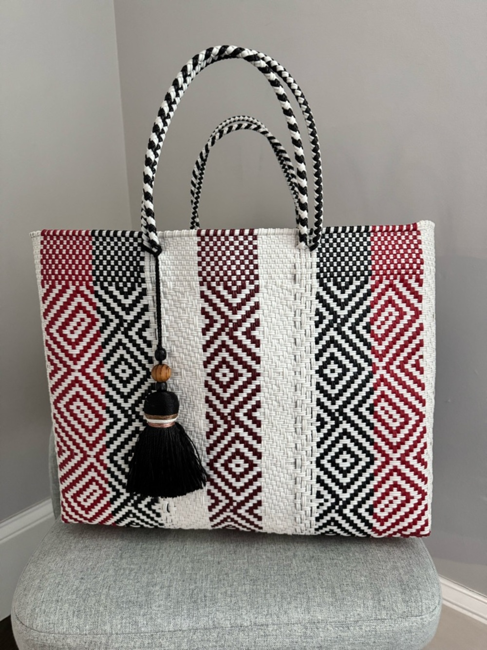 Woven Geometric Tote Bag in White, Black & Red